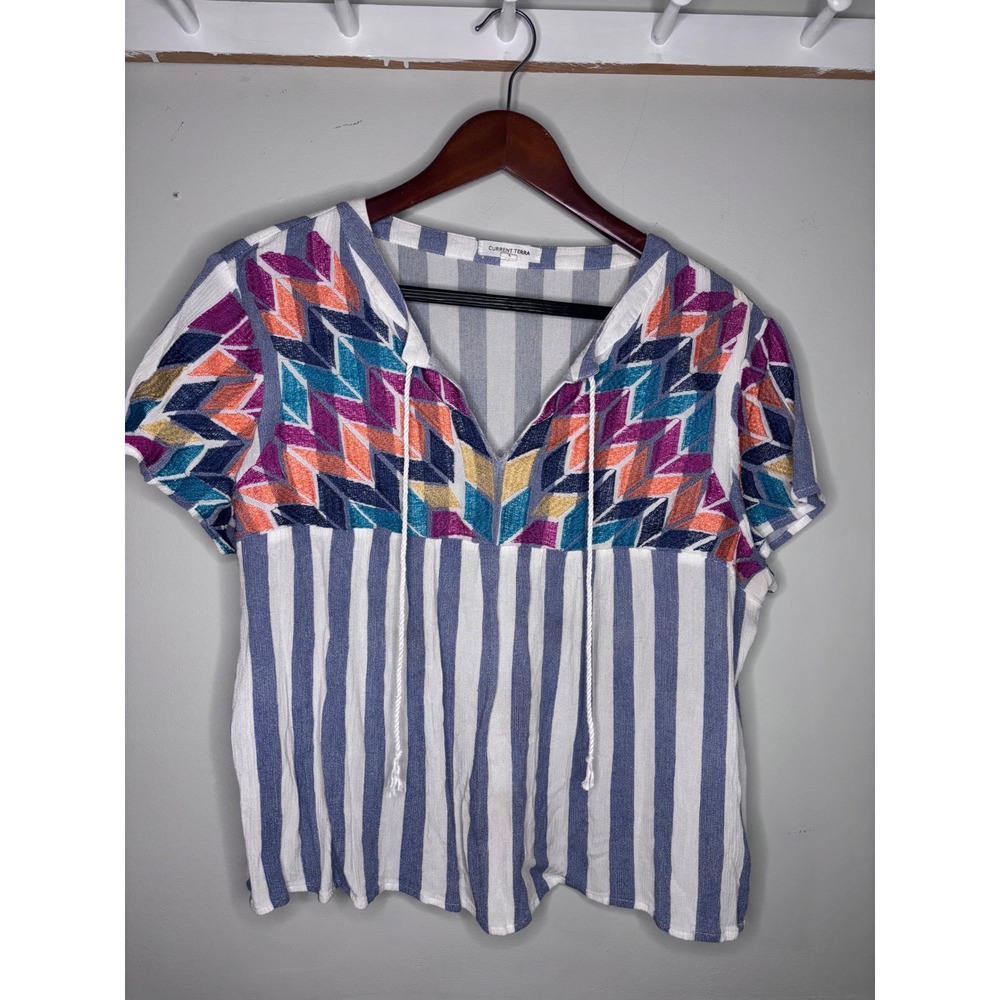 Current Terra Embroidered Boho Peasant Top Striped Blue White Large